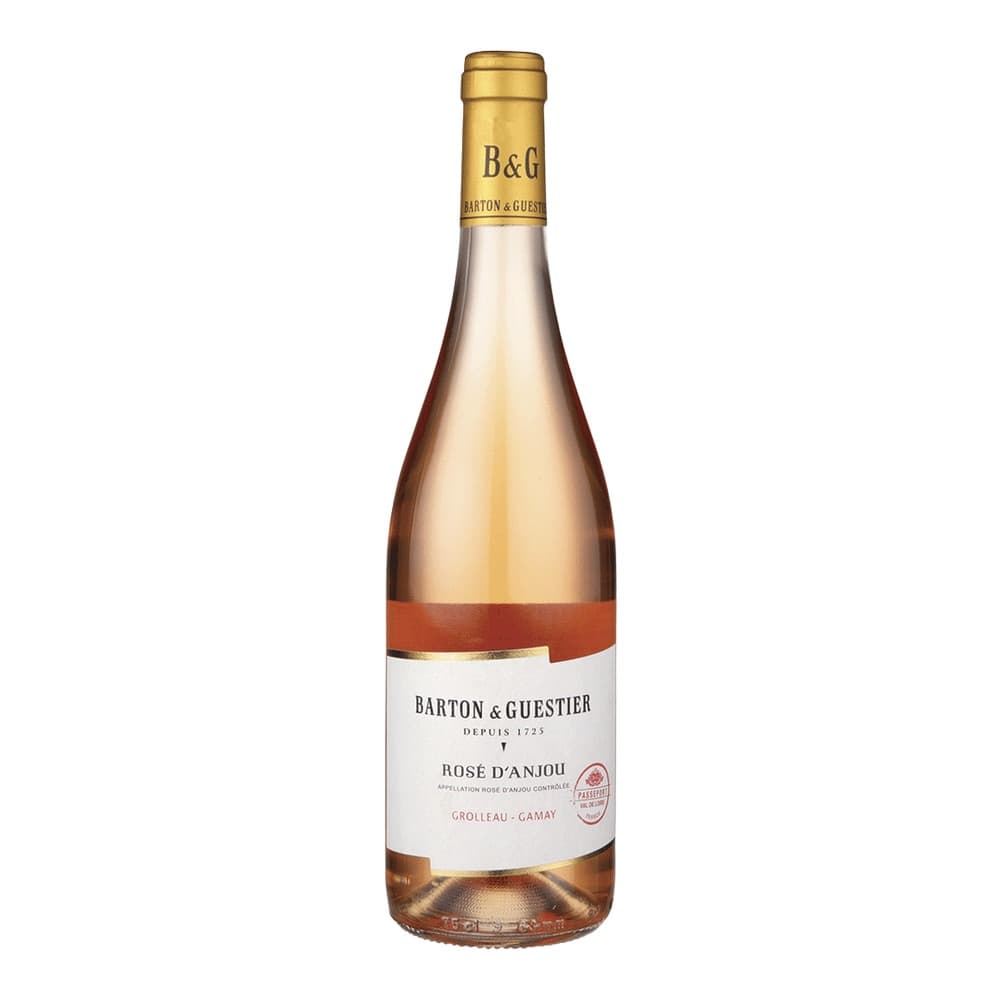 A bottle of Barton & Guestier Rosé d'Anjou wine against a plain white background, featuring a gold foil cap and cream-coloured label with rust-coloured accent band.