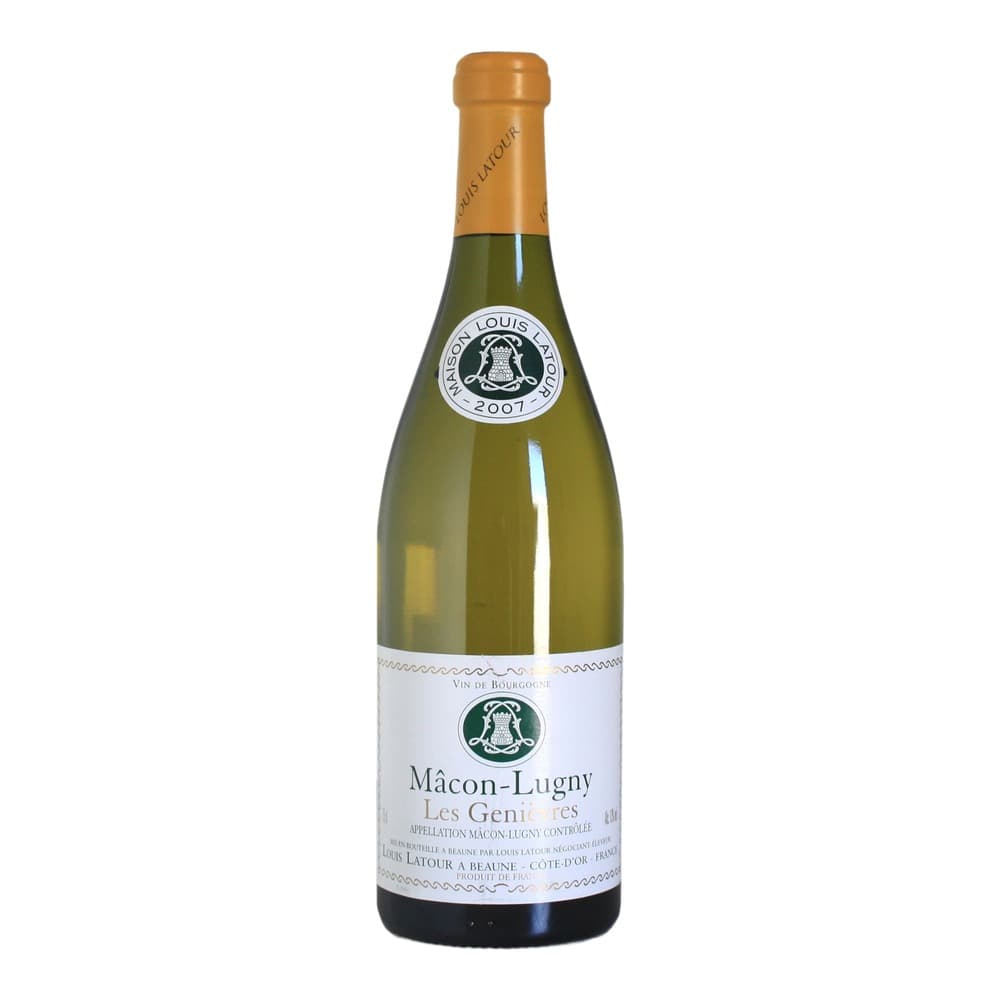A bottle of Maçon-Lugny Les Geni white wine from Burgundy, France, with gold foil cap and white label featuring a crest logo, photographed against a plain white background.