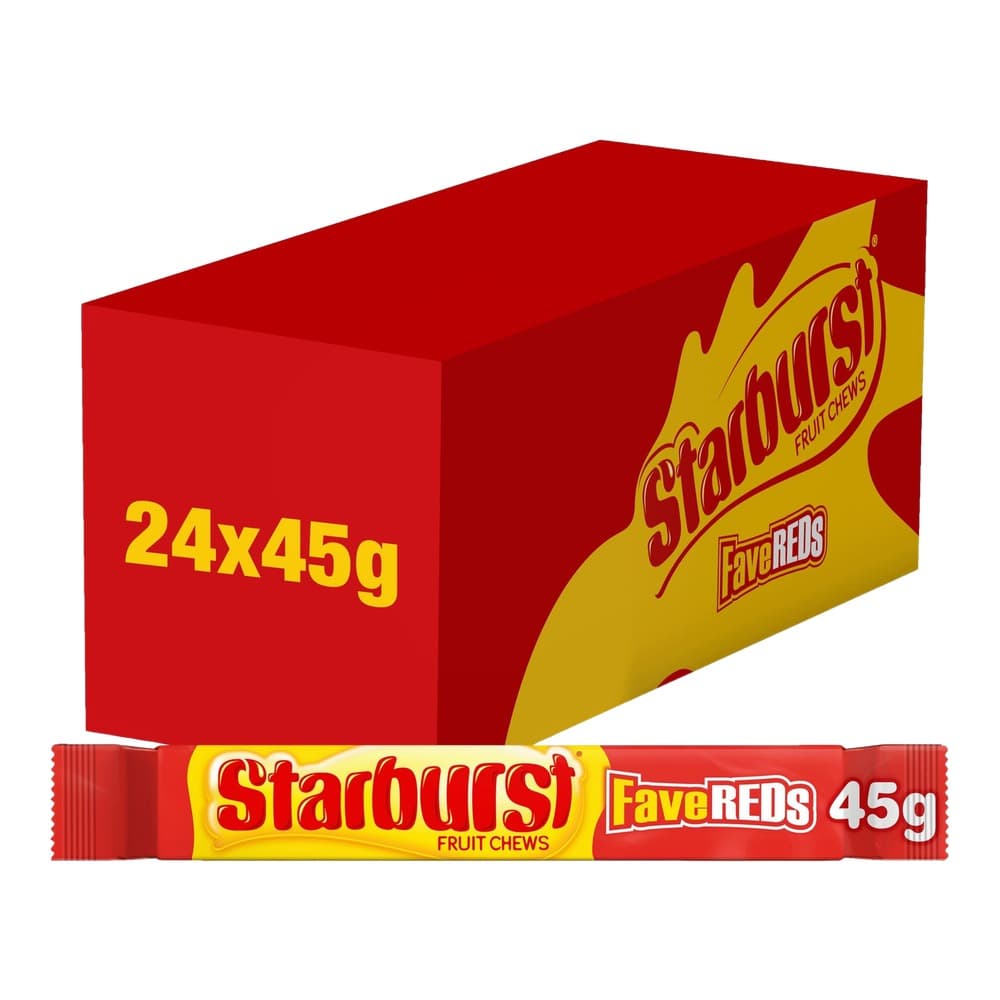 A red cardboard box containing 24 individual packets of Starburst FaveREDS fruit chews, each weighing 45g, displayed with one packet shown in front against a white background.