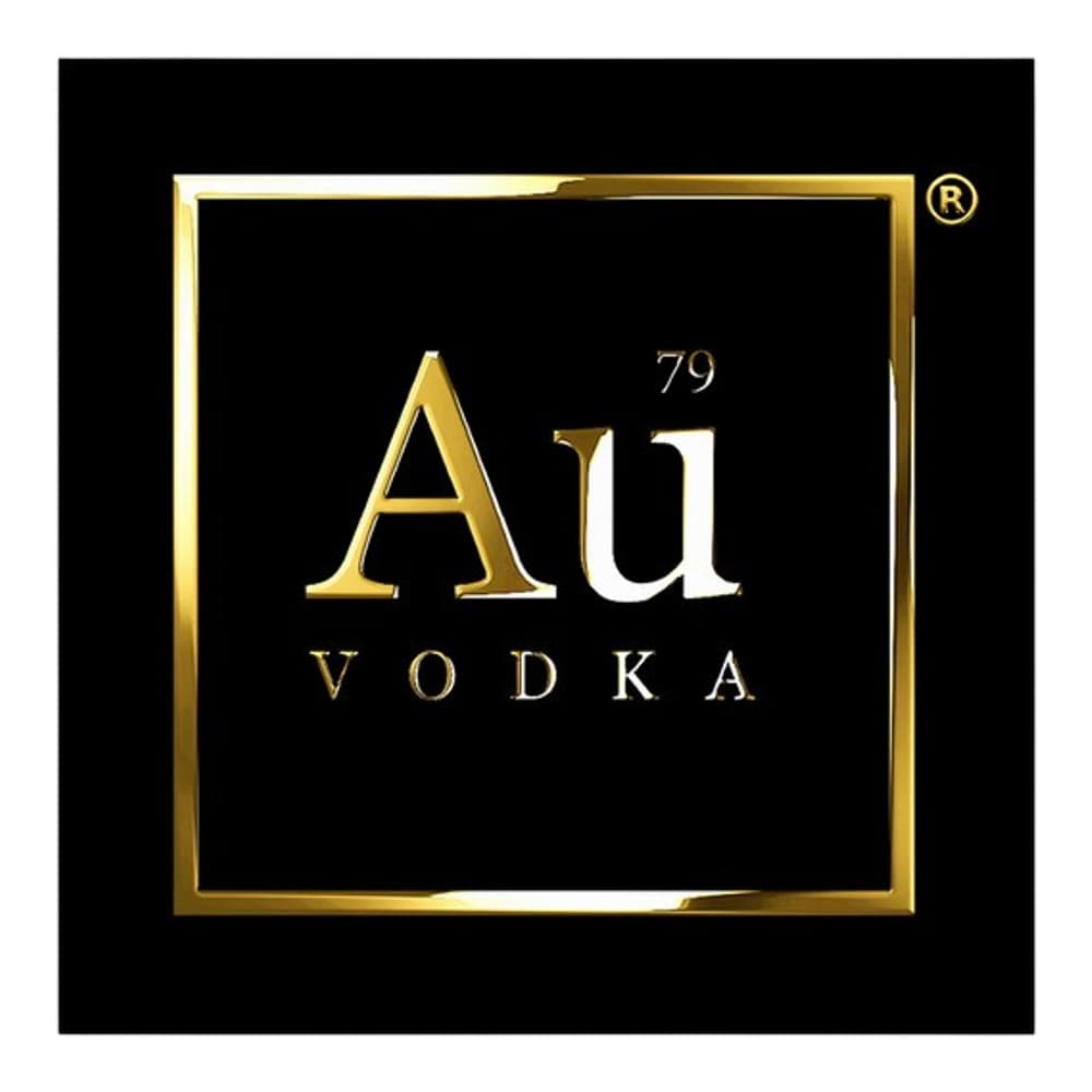 Au Vodka 79 premium vodka label featuring gold lettering and registered trademark symbol on black background with decorative gold border frame