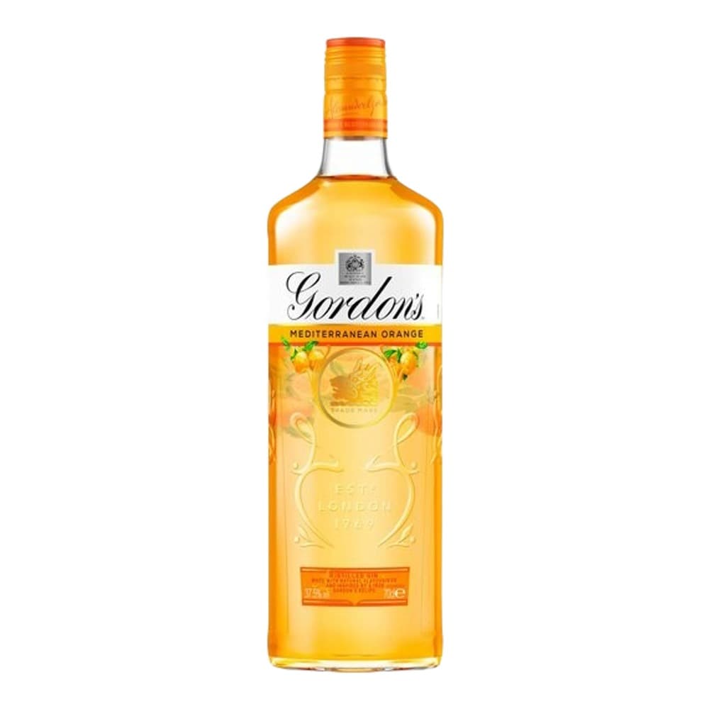 A bottle of Gordons Mediterranean Orange gin with an orange label and orange liquid, photographed against a white background.