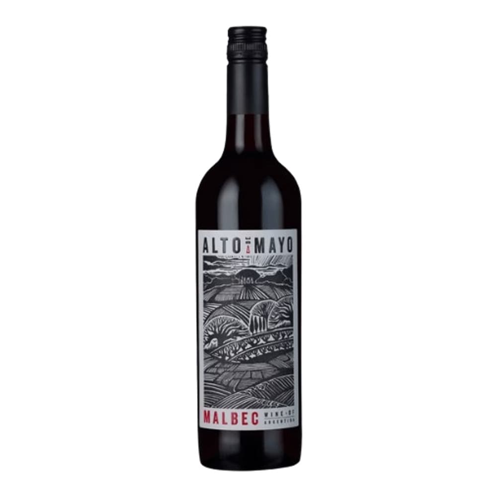 A bottle of Alto de Mayo Malbec red wine photographed against a white background, featuring an etched vineyard landscape label design.