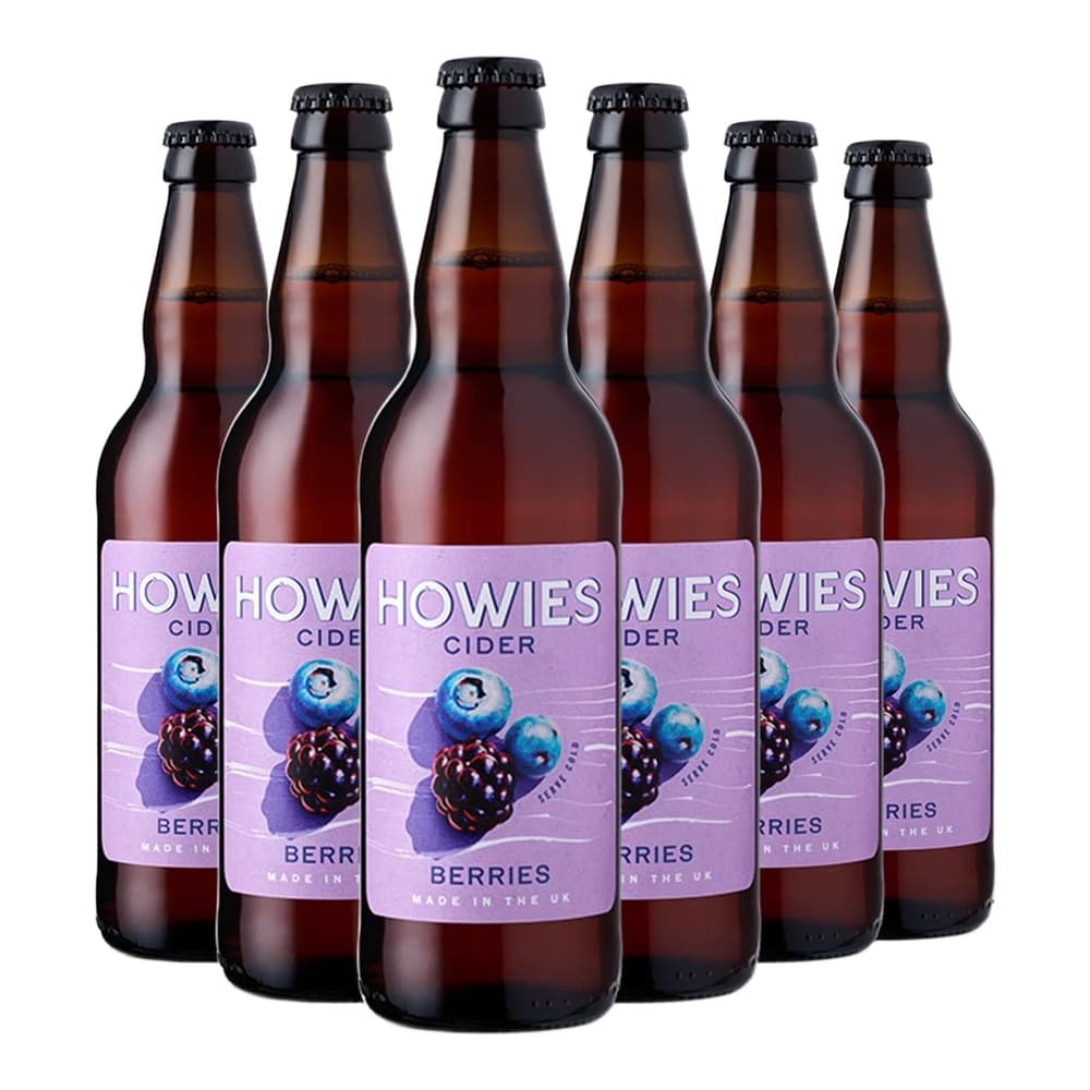 Six bottles of Howies berry cider with purple labels featuring blueberries and blackberries, arranged in a group on a white background.