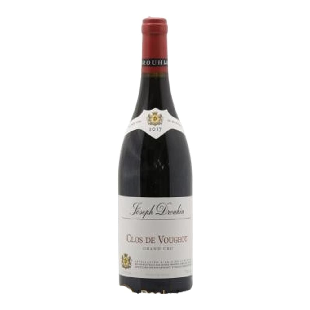 A bottle of Joseph Drouhin Clos de Vougeot Grand Cru red wine with red foil cap and cream-coloured label on a white background