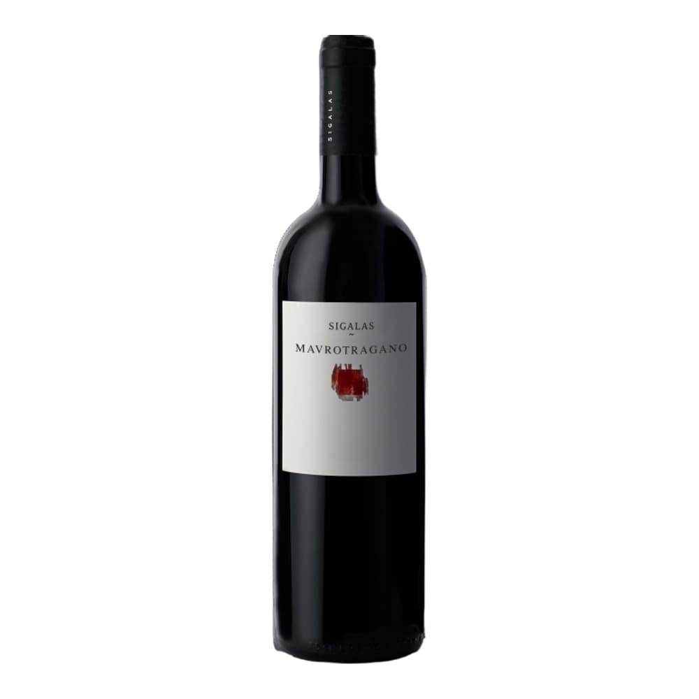 A bottle of Sigalas Mavrotragano red wine against a white background, featuring a white label with red logo detail.
