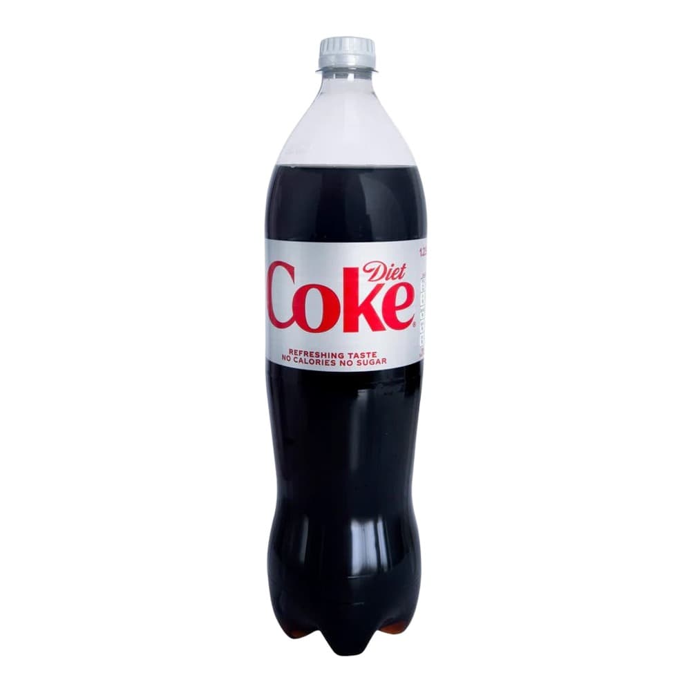 A clear plastic bottle of Diet Coke with black carbonated liquid inside, featuring a white label with red text on a plain white background.