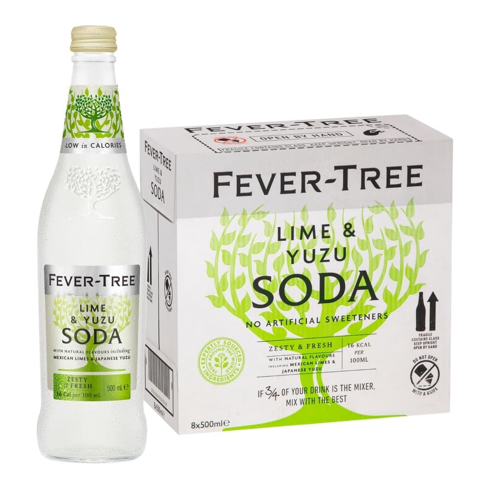 A bottle of Fever-Tree Lime & Yuzu Soda next to its 8x500ml packaging box on a white background
