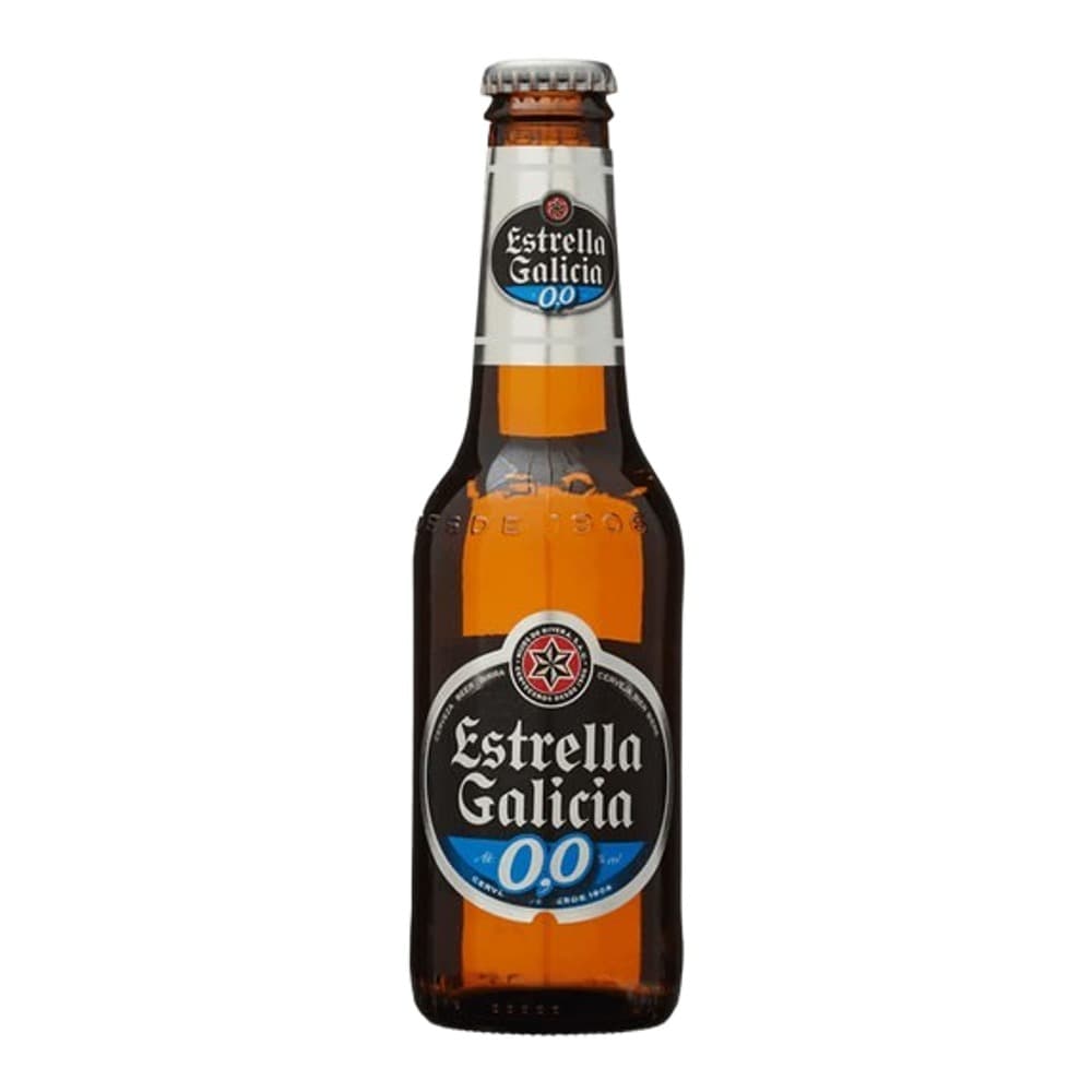 A bottle of Estrella Galicia 0.0 non-alcoholic beer with white label and blue band displayed against a white background.