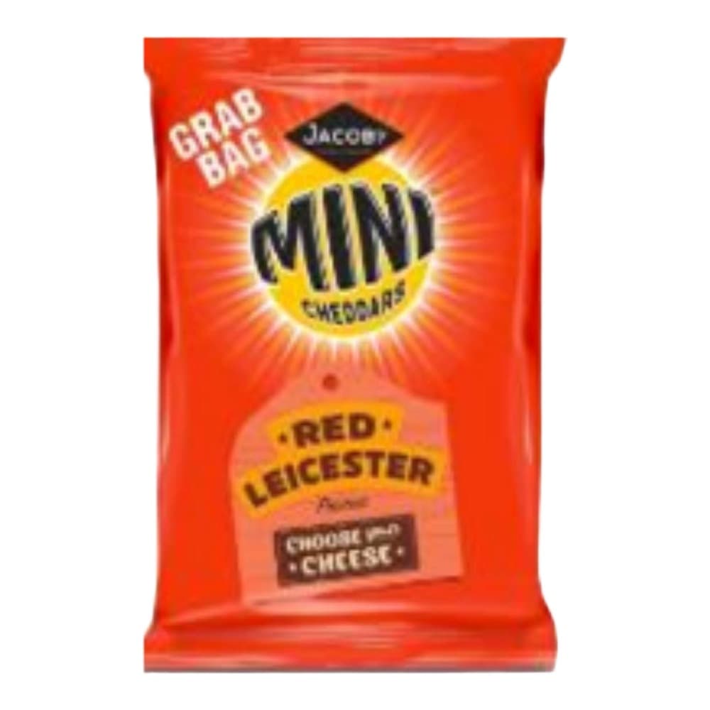 A red packet of Jacobs Mini Cheddars Red Leicester cheese flavour grab bag snacks with yellow circular branding