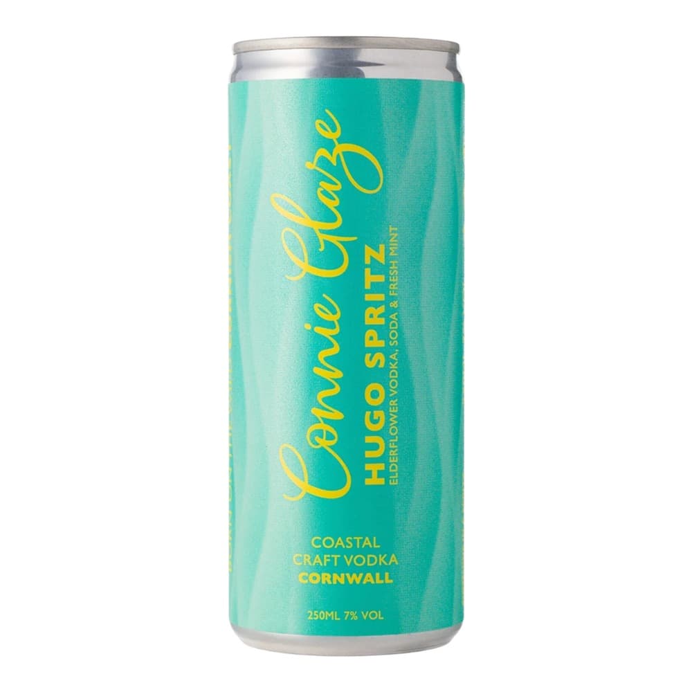 Turquoise aluminium can of Cornish Lore Hugo Spritz elderflower vodka soda drink on a white background