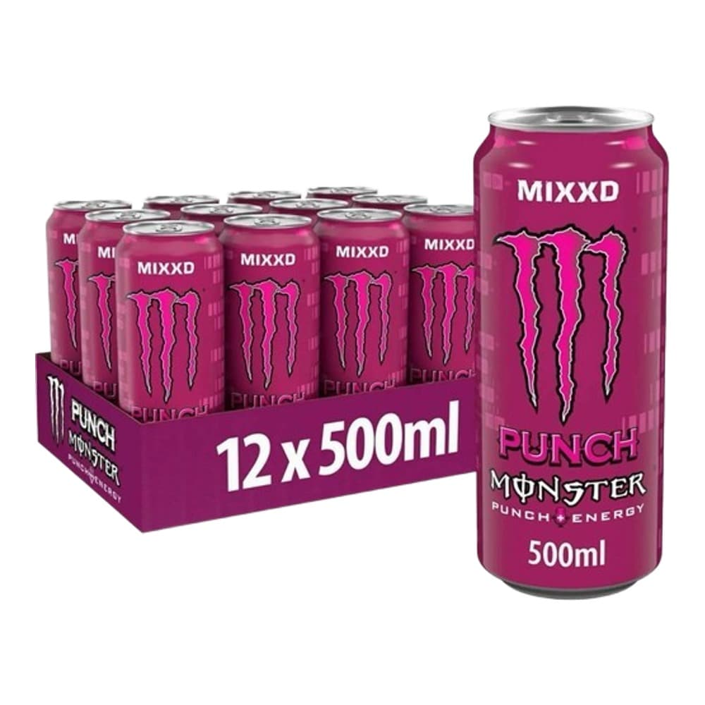 12-pack of Monster Mixxd Punch energy drink cans in 500ml size, displayed with one large can standing upright against white background.