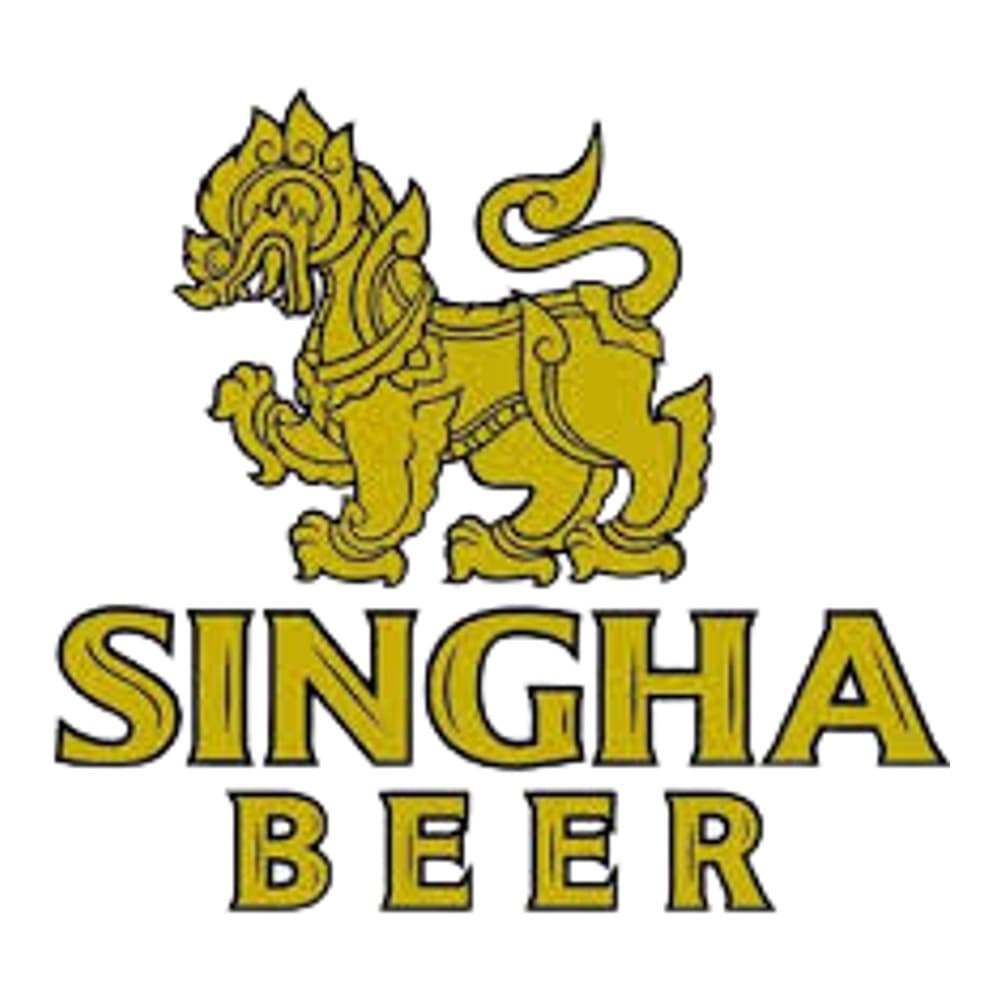 Golden lion mascot with Singha Beer text logo in yellow and black