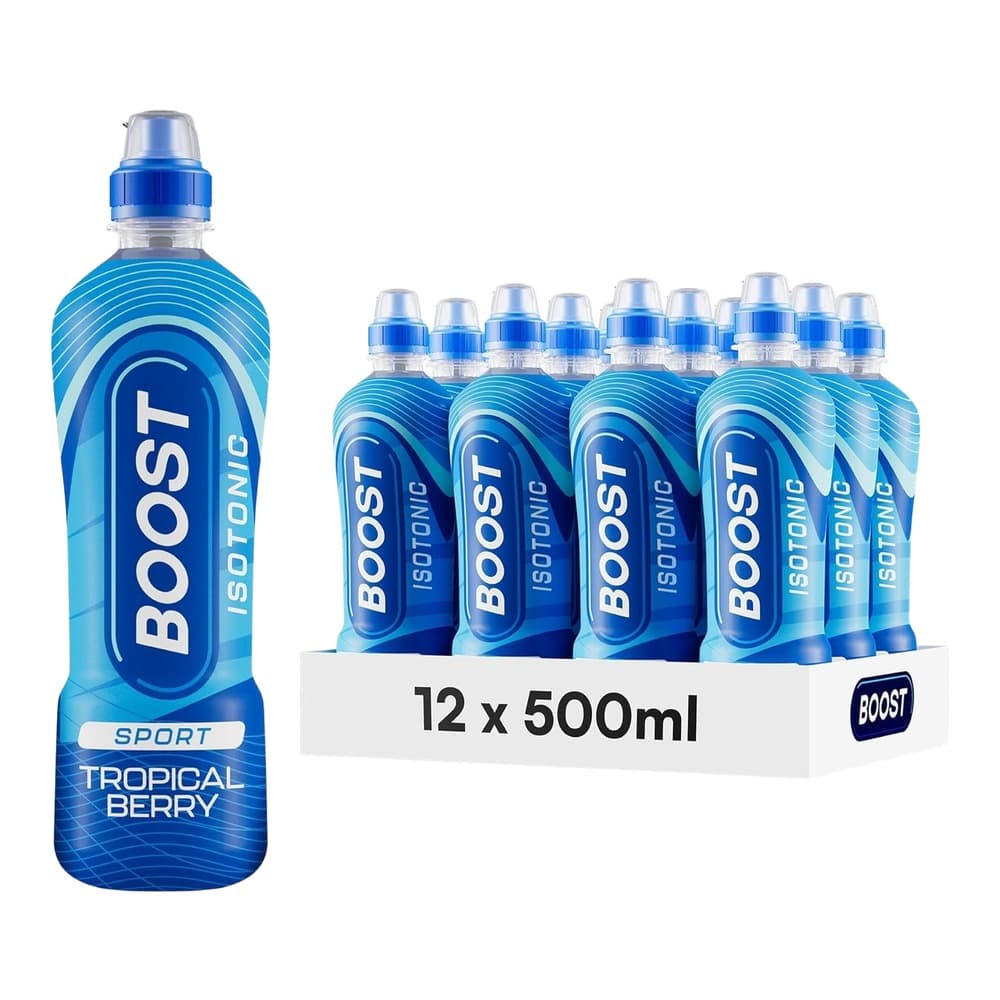 A product pack shot showing a single blue Boost Sport Tropical Berry isotonic drink bottle on the left and a multi-pack carton containing 12 x 500ml bottles on the right against a white background.