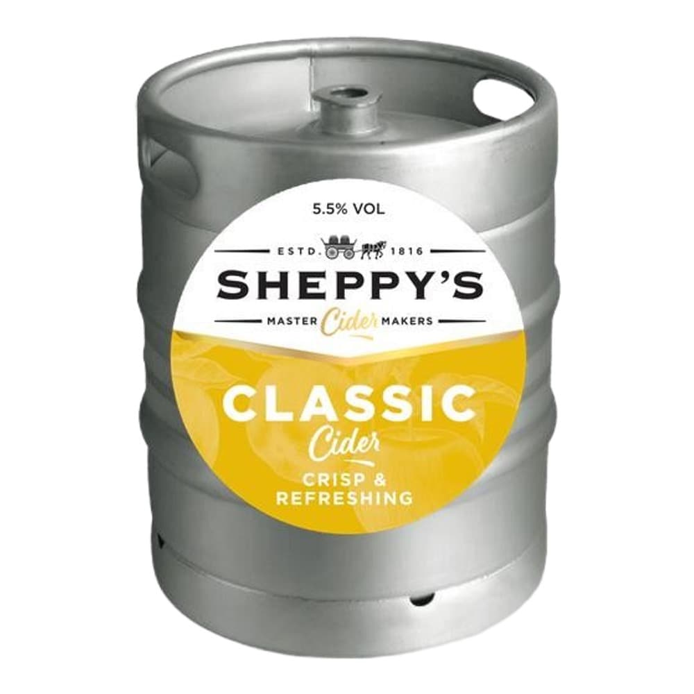 A silver metal keg of Sheppy's Classic Cider with a yellow label featuring white text describing the product as crisp and refreshing.