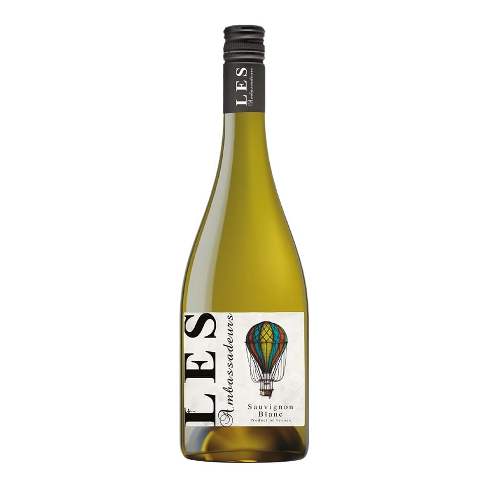 A bottle of Les Cloudesseux Sauvignon Blanc white wine with a black cap and label featuring a hot air balloon illustration, displayed against a white background.