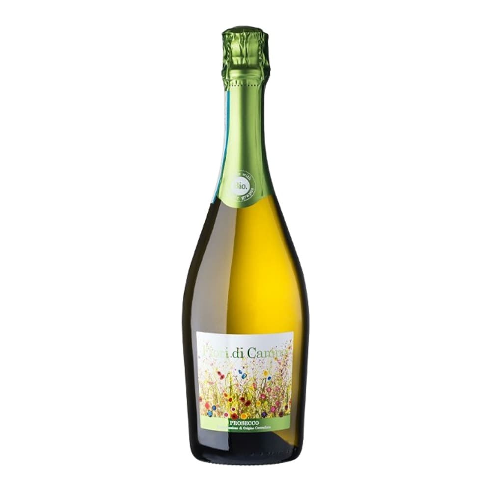 A bottle of Prosecco wine with a green foil-wrapped top and a white label featuring a colourful wildflower meadow design, displayed against a white background.