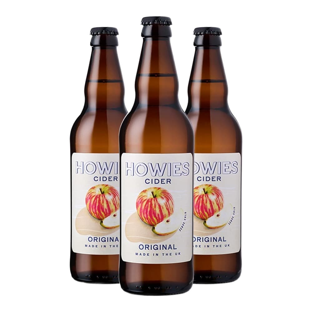 Three Howies Original Cider bottles with red apple illustration on white label, arranged on white background