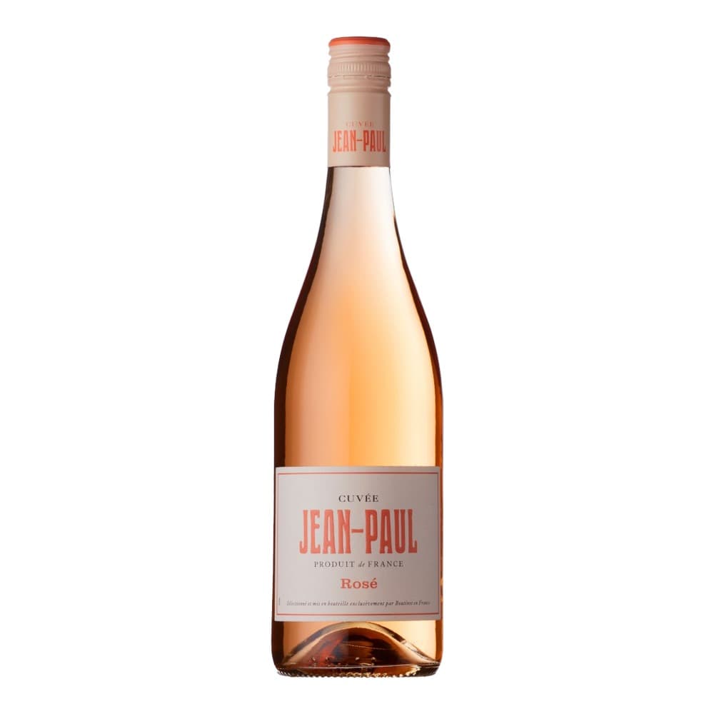 A bottle of Jean-Paul Cuvée Rosé wine from France against a white background, featuring a pale pink wine and a cream-coloured label with coral text.