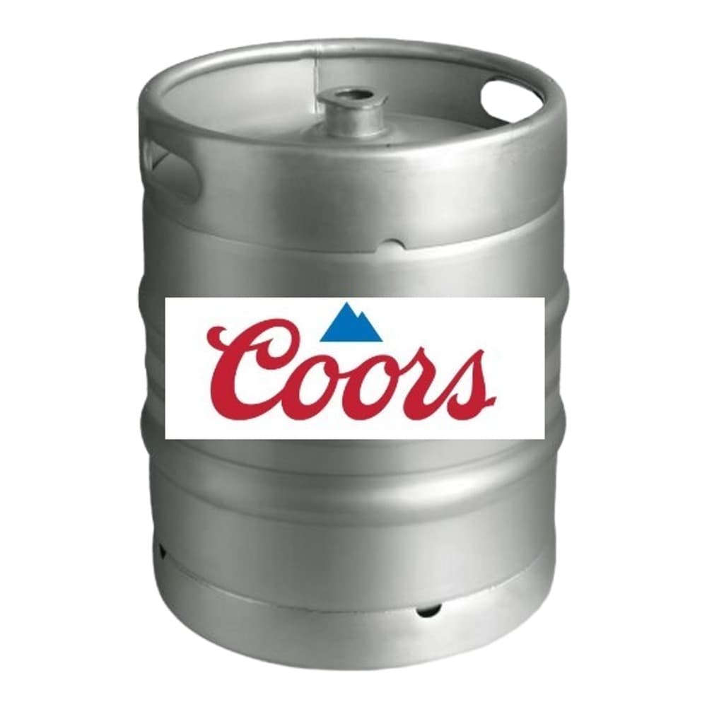 A polished stainless steel beer keg with the Coors logo and blue mountain symbol displayed on a white label band against a neutral background.