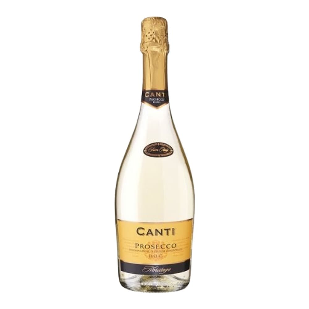 A bottle of Canti Prosecco DOC sparkling wine with a gold foil cap and pale golden liquid, displayed against a white background.
