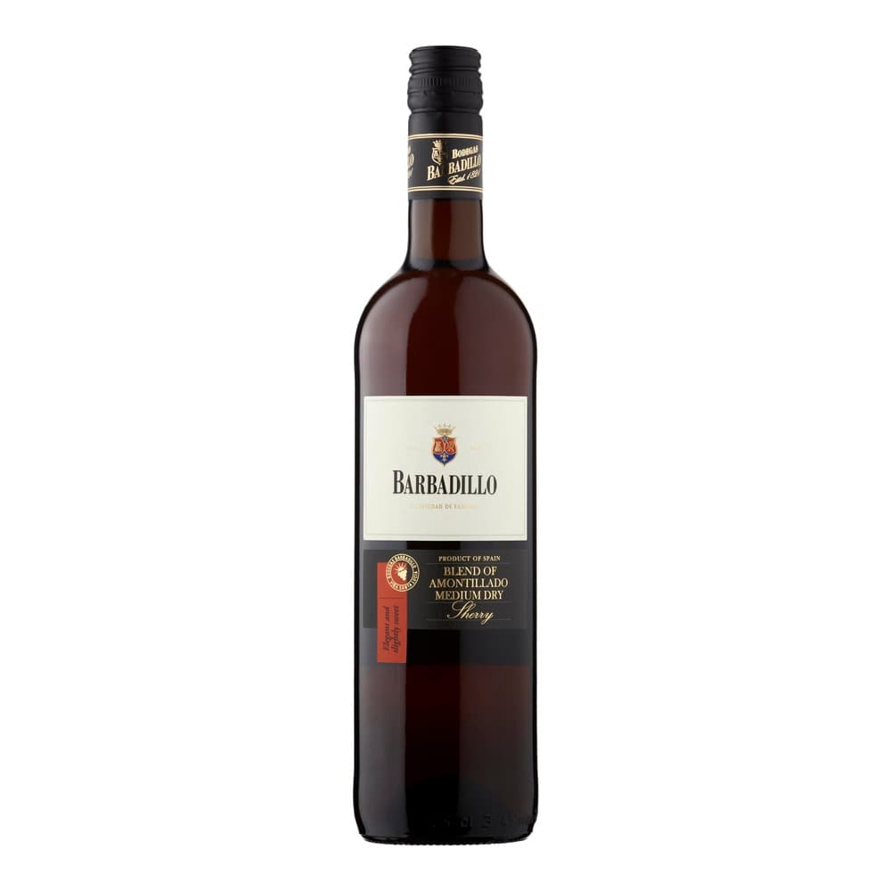A bottle of Barbadillo Medium Dry Sherry with cream and black label on a white background