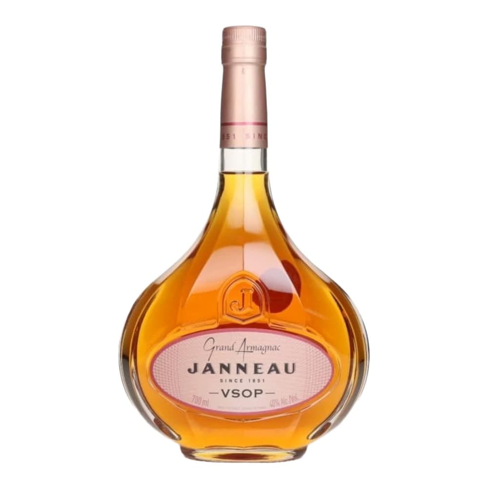 A bottle of Janneau Grand Armagnac VSOP with amber liquid, displayed against a white background with a pink and silver label.