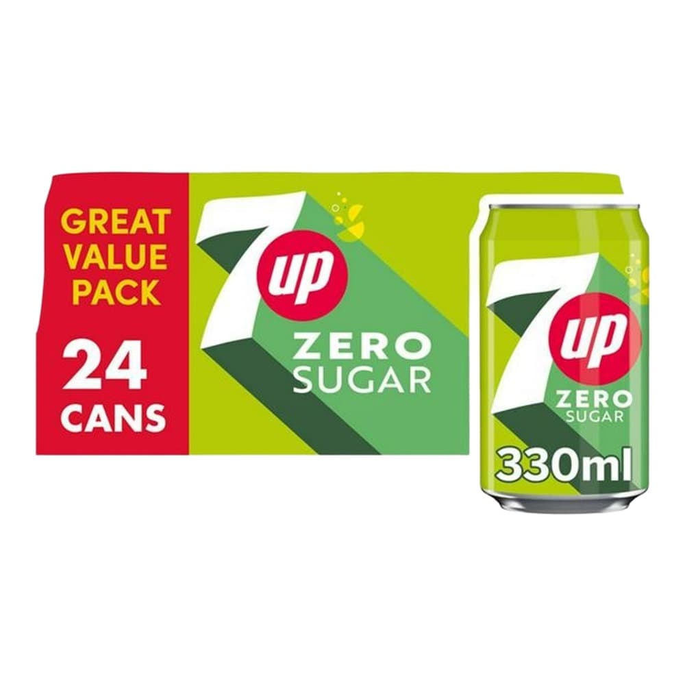 7UP Zero Sugar 24-can multipack and individual 330ml can displayed on white background showing lime green and red branding