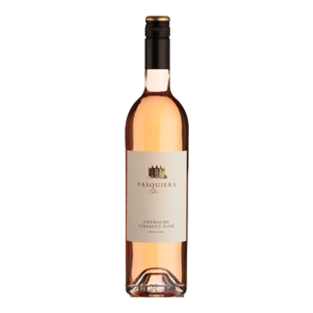 A bottle of Marquilès rosé wine with a white label against a plain beige background.