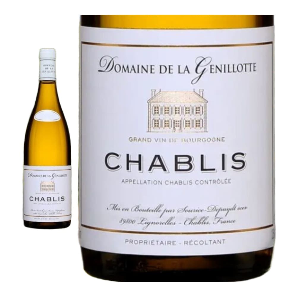 A bottle of Domaine de la Genillotte Chablis white wine displayed against a scenic backdrop of rolling Burgundy vineyards with green grapevines and traditional French countryside buildings.