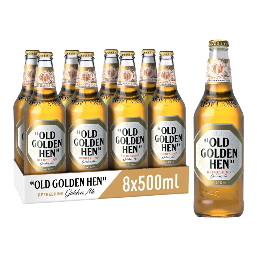 Eight 500ml bottles of Old Golden Hen refreshing golden ale displayed with a six-pack carrier box and one single bottle on white background