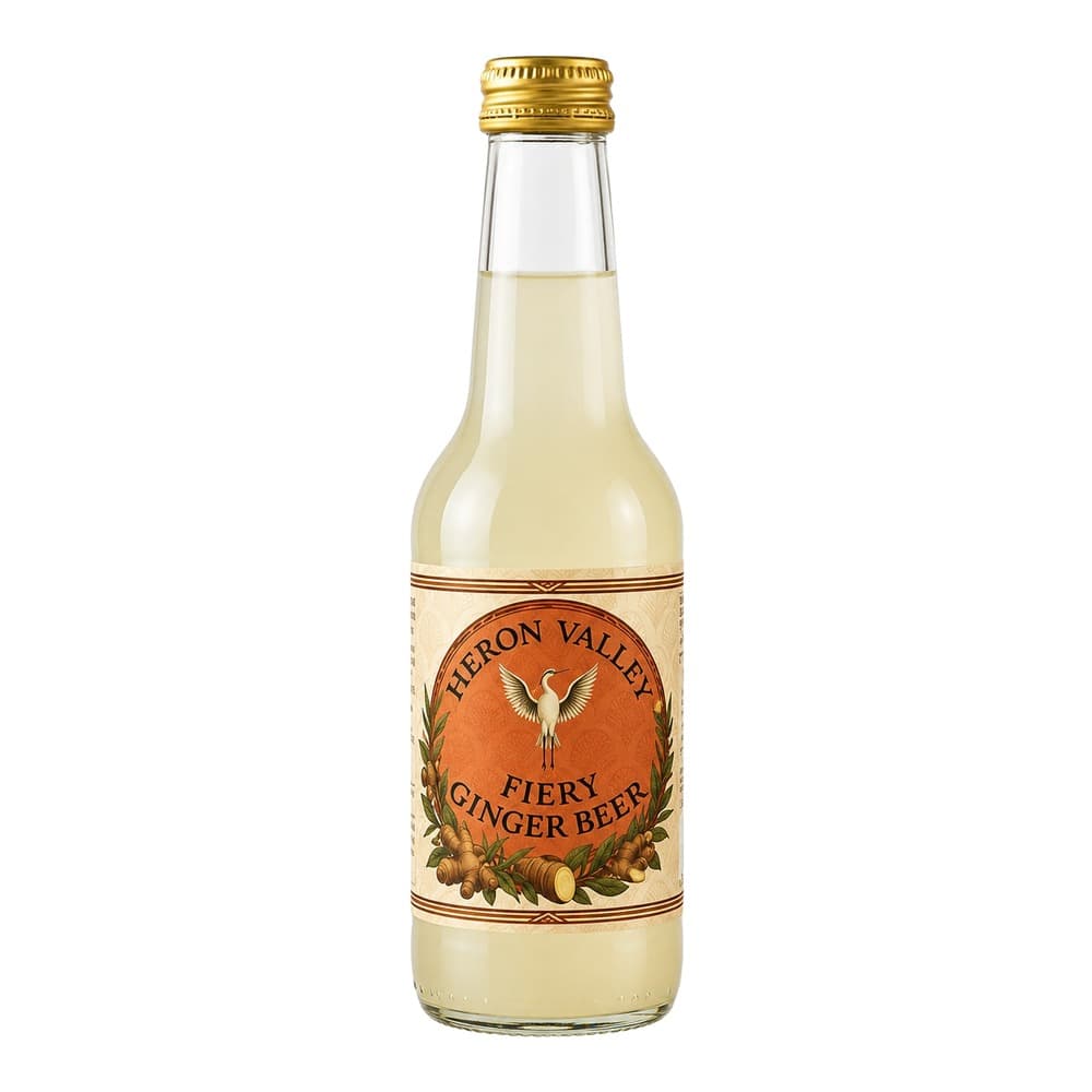 A glass bottle of Heron Valley Fiery Ginger Beer with a golden cap, filled with pale liquid, displayed against a white background.