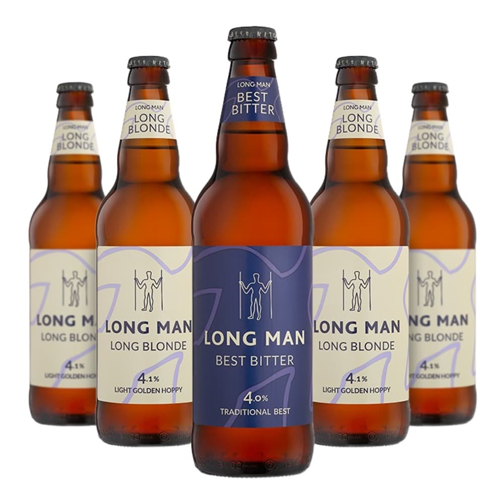 Five brown beer bottles arranged in a line featuring Long Man Long Blonde and Best Bitter varieties against a white background