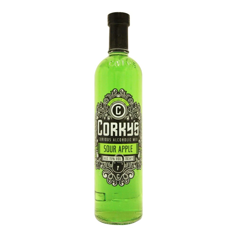A bright green bottle of Corkys Sour Apple Curious Alcoholic Mix with black cap and decorative label, 70cl, 15% ABV