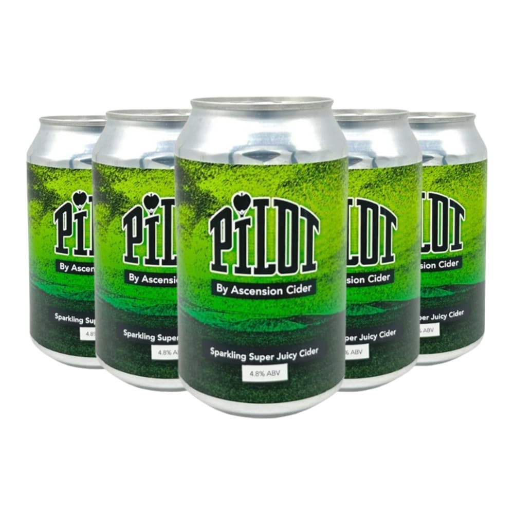 Five aluminium cans of Pilud sparkling super juicy cider by Ascension Cider arranged in a group on a white background.