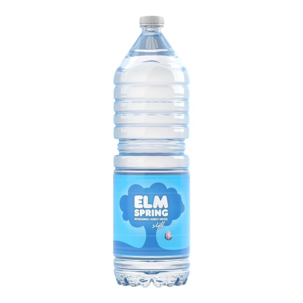 A clear plastic bottle of Elm Spring still water with a blue label featuring a tree logo, isolated on a white background.