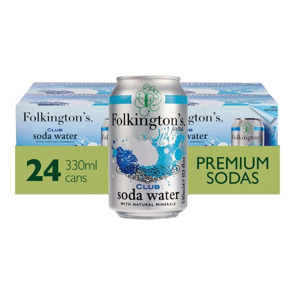 A silver aluminium can of Folkington's Club soda water displayed in front of a blue and white cardboard multi-pack box containing 24 cans of 330ml each, labeled Premium Sodas.