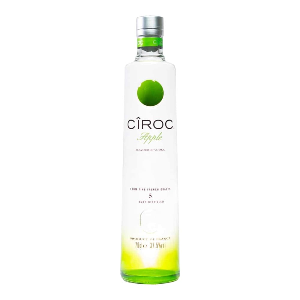 Bottle of Cîroc Apple flavoured vodka with green apple graphic on white label against white background