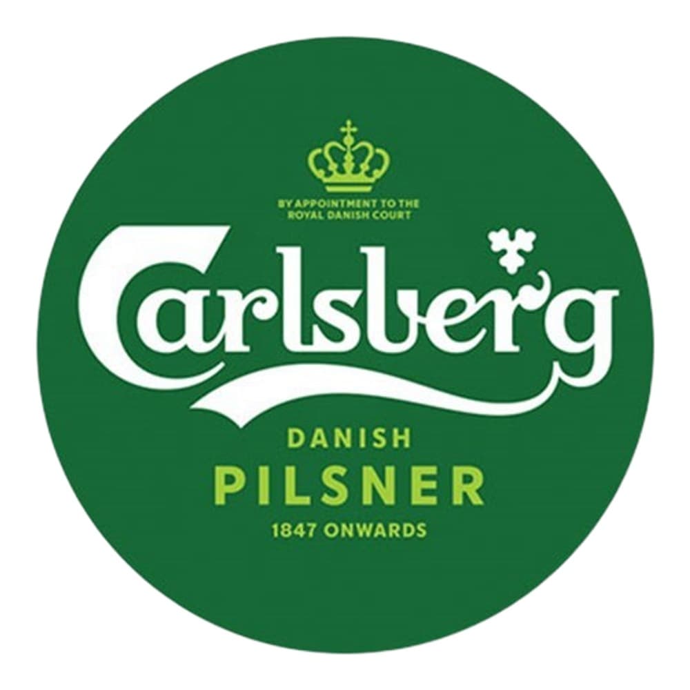 Circular green Carlsberg Danish Pilsner beer label with white logo and royal warrant emblem on solid background