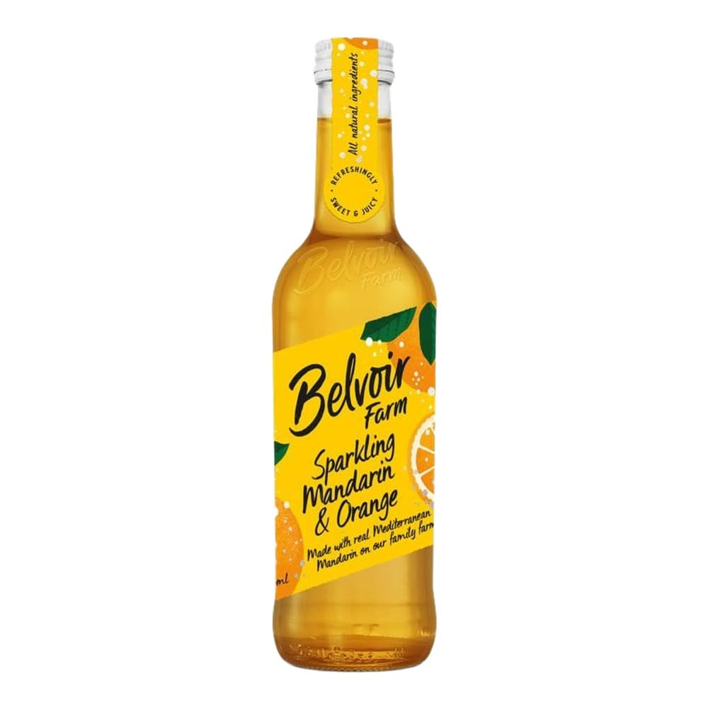 A bottle of Belvir Farm Sparkling Mandarin & Orange beverage against a white background, featuring a bright yellow label with orange fruit illustrations.