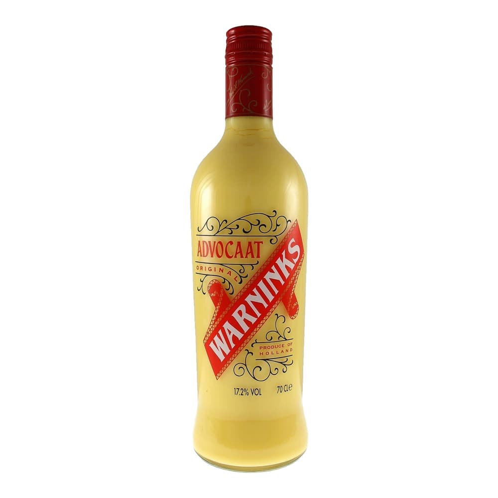 A 70cl bottle of Warninks Advocaat liqueur with a pale yellow liquid, red foil capsule, and ornate label design on a white background.