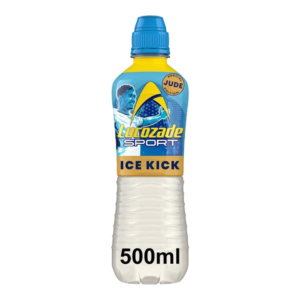 A 500ml bottle of Lucozade Sport Ice Kick with a blue cap and label featuring a athlete and sports imagery on a white background.