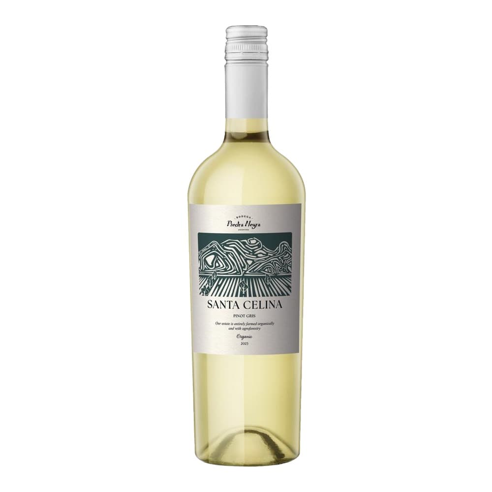 Bottle of Santa Celina Pinot Gris white wine with decorative label on plain white background