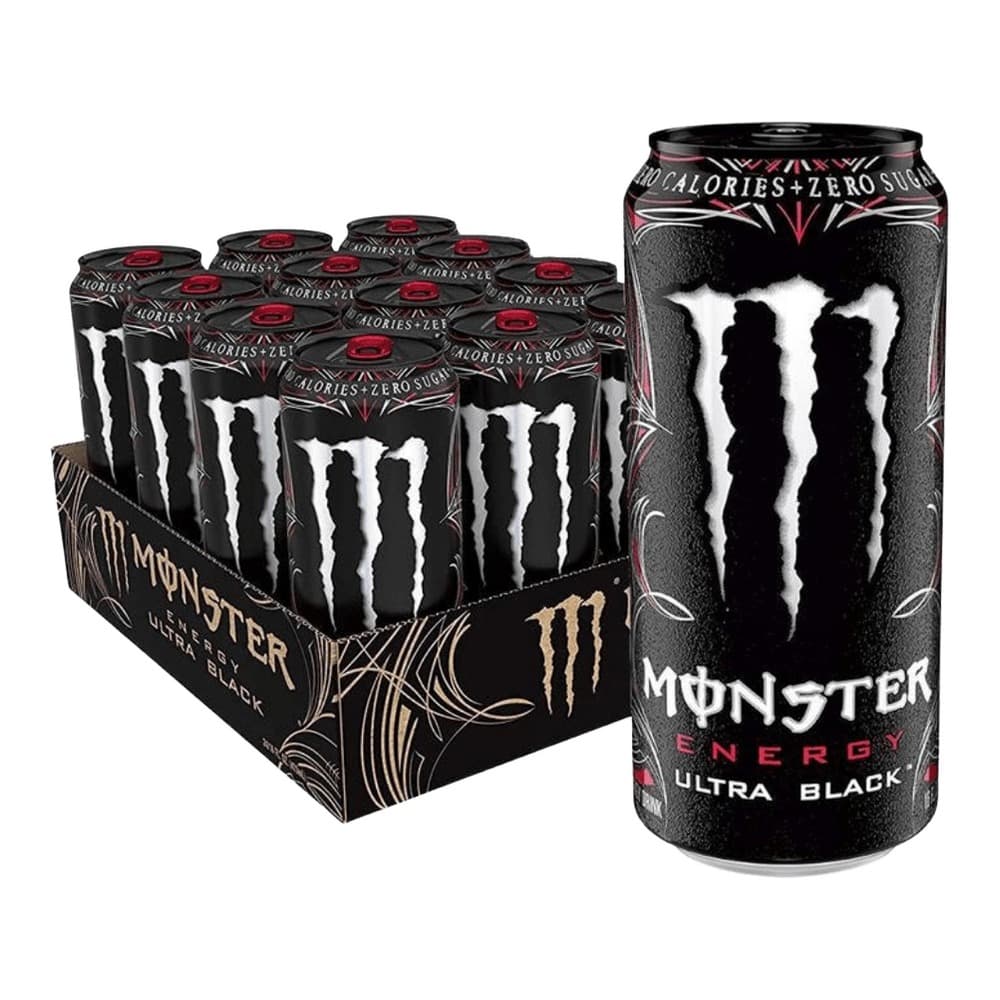 A 12-pack of Monster Energy Ultra Black cans displayed with one can isolated on a white background, featuring the distinctive white Monster claw logo on black packaging.