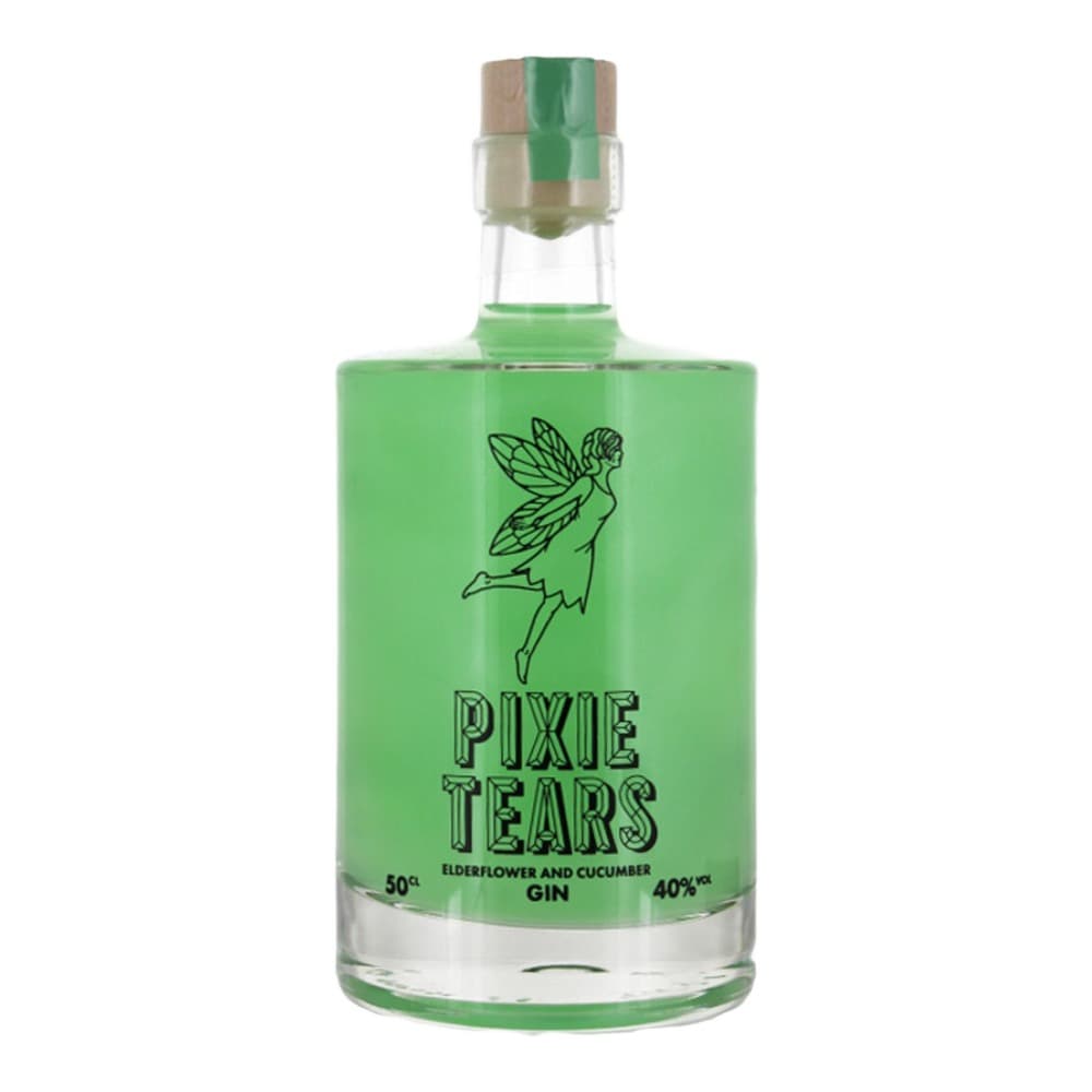 A bright green gin bottle with a fairy illustration and 'Pixie Tears' branding, 50cl bottle at 40% ABV on a white background.