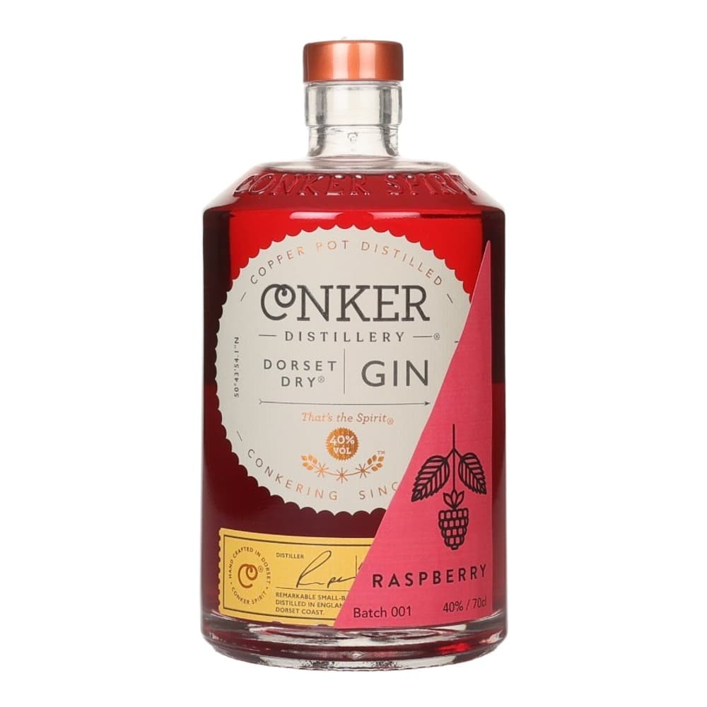 A bottle of Conker Distillery Dorset Dry Raspberry Gin with a copper-coloured cap, displayed against a white background. The label features a cream-coloured circular band with the brand name and product details.