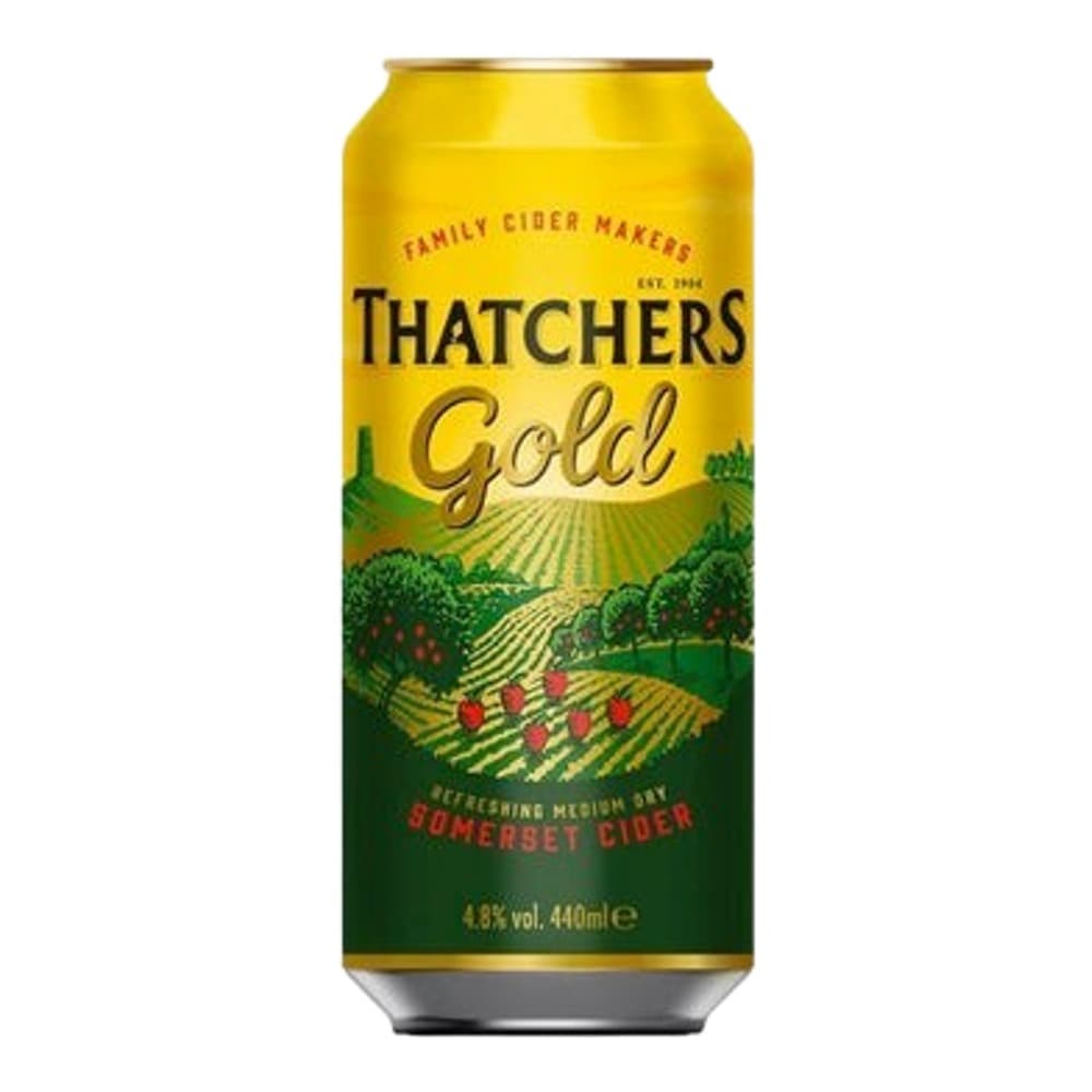 A golden yellow aluminium can of Thatchers Gold cider featuring rural farmland artwork and branding against a plain background.