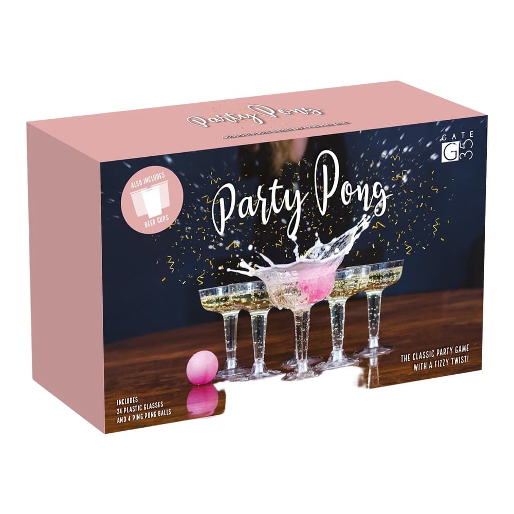 Party Pong board game box featuring champagne glasses with splashing liquid and pink ping pong ball on wooden surface