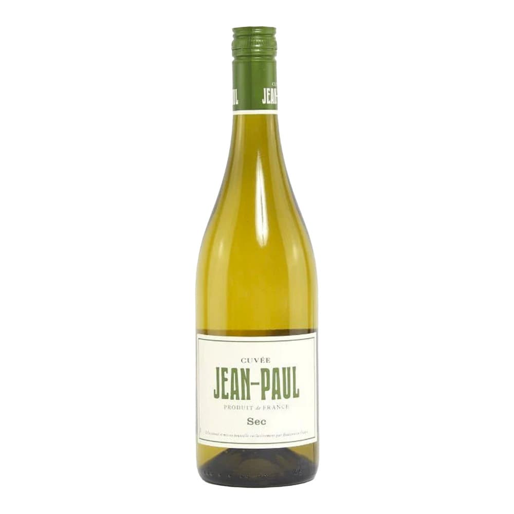 A bottle of Jean-Paul Cuvée Sec white wine with a pale yellow liquid, green cap, and cream-coloured label on a plain white background.