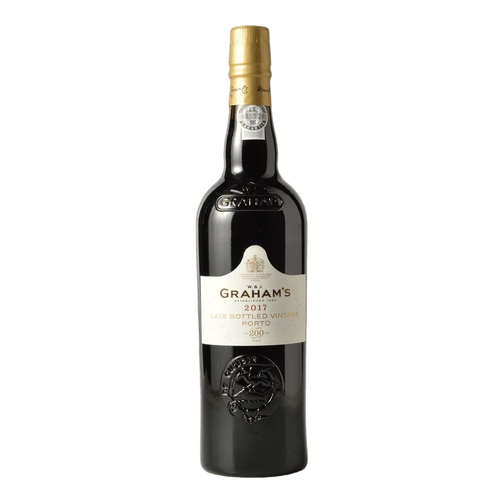 A bottle of W. & J. Graham's 2017 Late Bottled Vintage Porto with a gold foil cap and cream label on a white background.