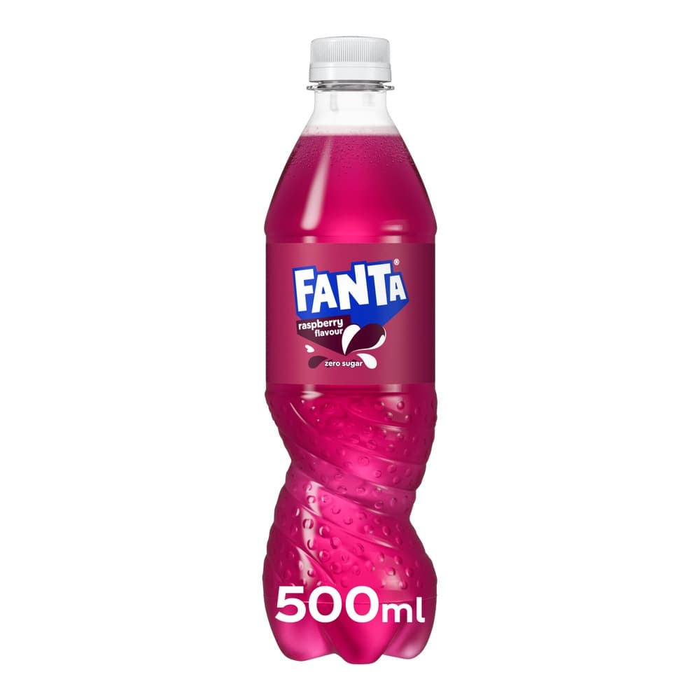 A 500ml bottle of Fanta Raspberry flavour zero sugar soft drink with pink liquid, displayed against a plain white background